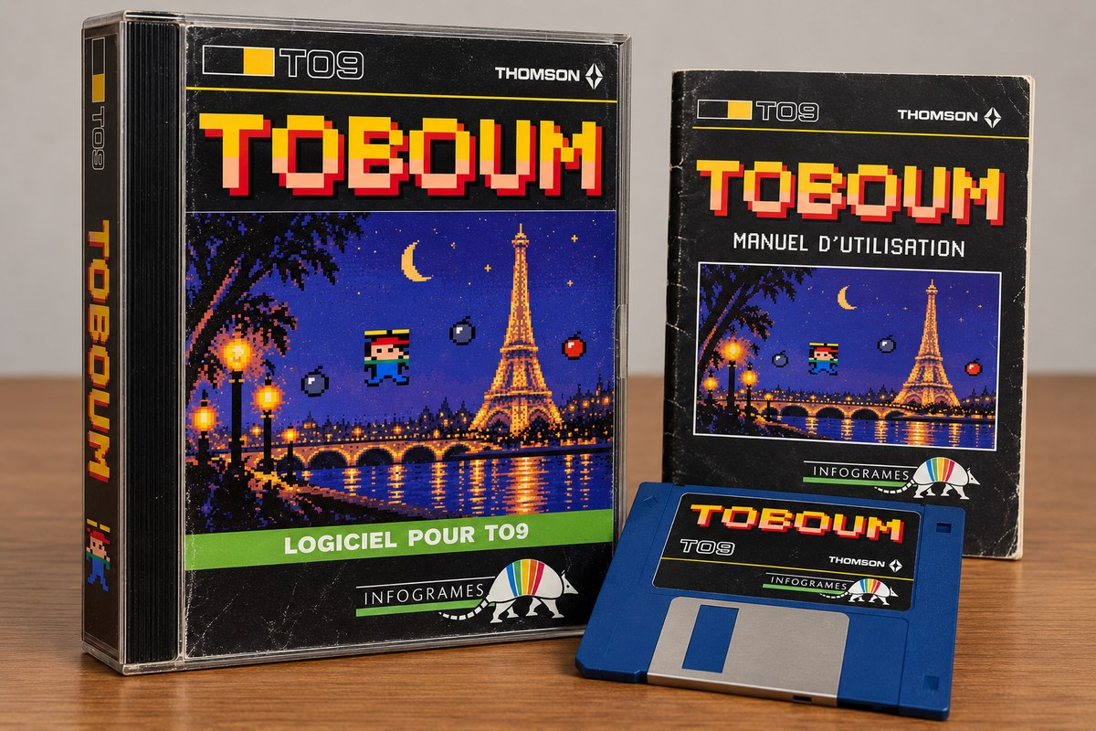 Une boîte de jeu TOboum dans le style des années 80, avec son manuel et une disquette bleue.