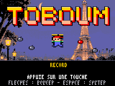 Une partie de TOboum : Toto vole entre les plateformes et ramasse les bombes pendant que les ennemis le poursuivent.