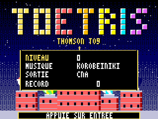 Écran titre de TOetris avec le menu : niveau, musique, sortie, record.